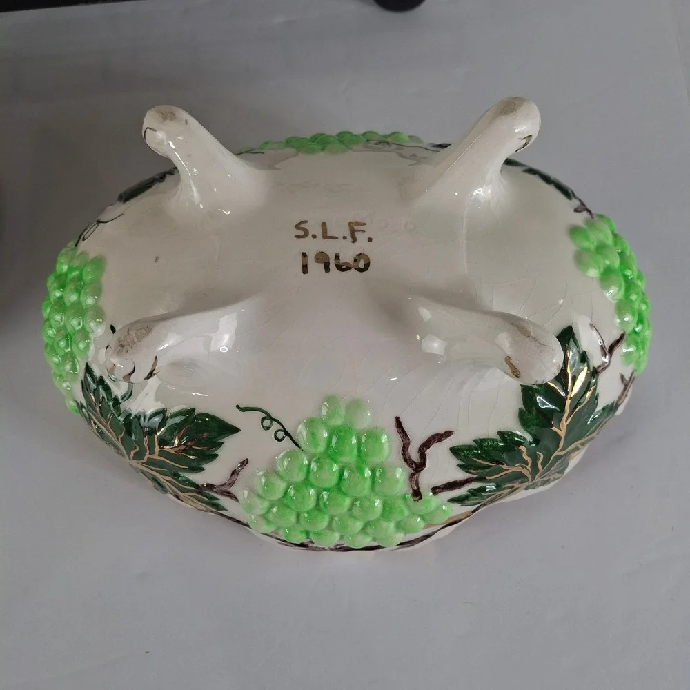 Vintage 1960 Signed SLF Ceramic Footed Bowl Green Grapes Gold Gilt Scalloped Rim